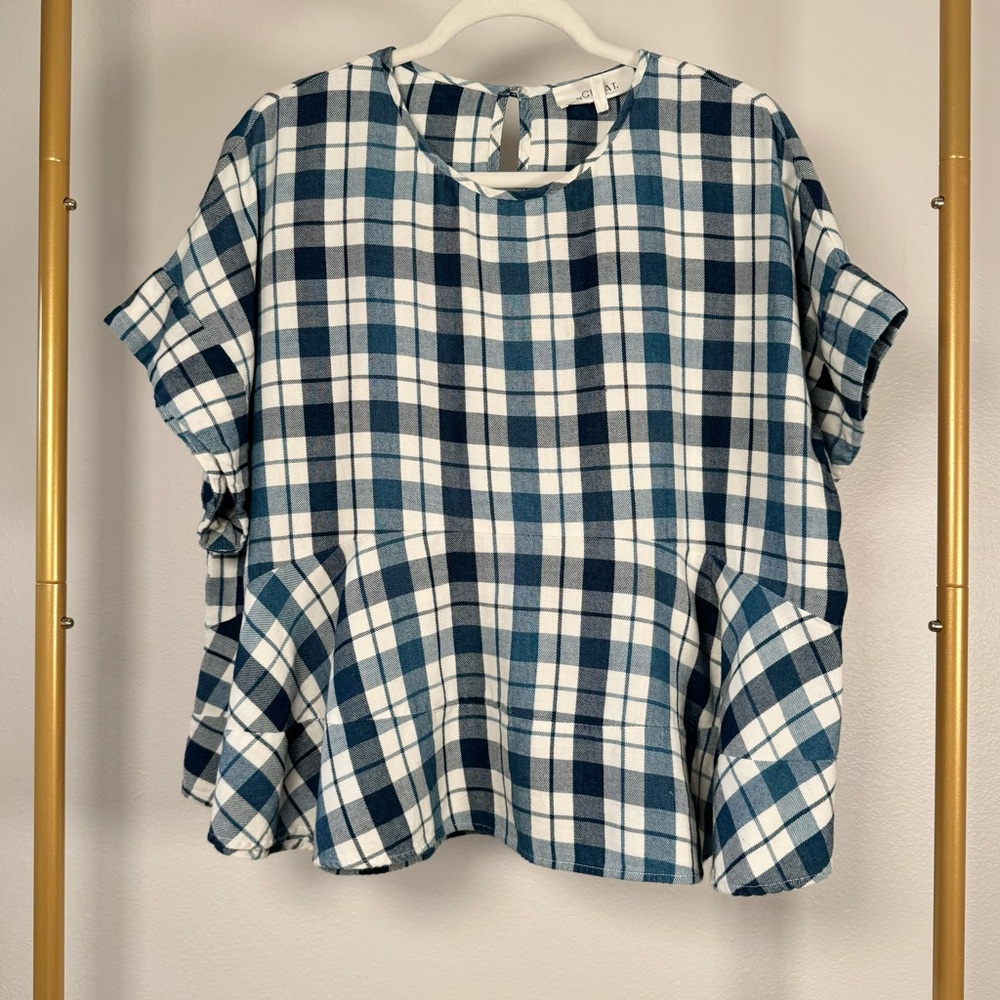 The Great. The Twirl Blue Picnic Plaid Peplum Waist Oversized Cotton Top Sz 2/M